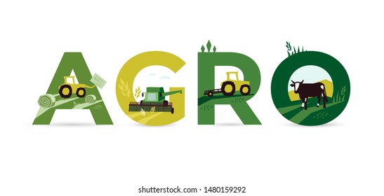 Letters AGRO with Illustrations of agriculture, tractor, farm land, cow, hayfield, haystack rolls, livestock, harvest, combine harvester. Template for banner, annual report, prints,flyer, booklet, web