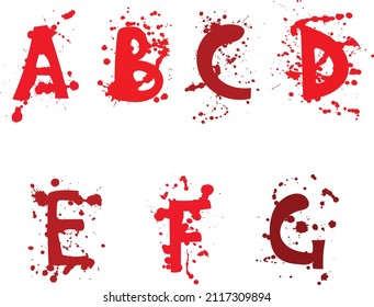 Buchstaben des Alphabets A, B, C, D, E, F, G. Buchstaben in roten Farbspritzen oder Blut