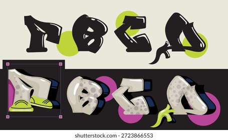 Letters of the alphabet A, B, C, D in two color schemes. Graffiti style lettering