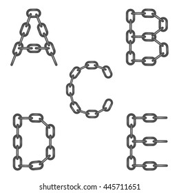 The letters of the alphabet A, B, C, D, E, made of steel iron chains connected segments on a white background. Dark gray letters