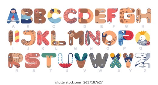 Cartas. Alfabeto. ABC para crianças. Fonte divertida. Aprendizagem de inglês. Ordem alfabética criativa. Artes linguísticas.  Planilha na escola, em casa. Ilustração do vetor de esboço