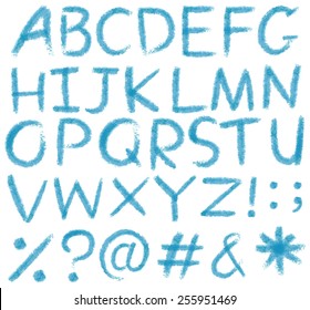 Letters of the alphabet in blue colors on a white background