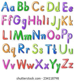 Letters of the alphabet in a colourful font style on a white background 