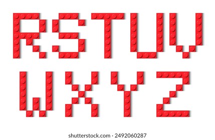 Buchstaben des Alphabets, zusammengesetzt aus roten Plastikziegelbausteinen auf weißem Hintergrund. Schrift aus Bausteinen. Hintergrundbild der Vektorgrafik