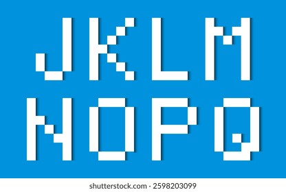 Letters of the alphabet composed of simple white rectangles on a blue background. Modern paper font. Vector background illustration