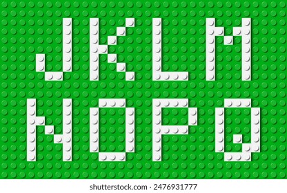 Letters of the alphabet composed of white plastic brick toy blocks on green construction plate. Building bricks font. Vector background illustration