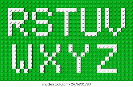 Letters of the alphabet composed of white plastic brick toy blocks on green construction plate. Building bricks font. Vector background illustration