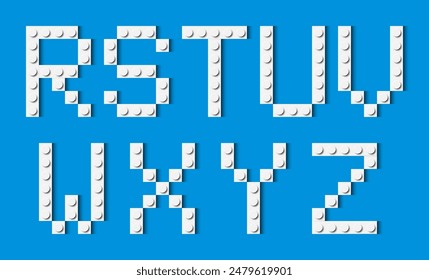 Letters of the alphabet composed of white plastic brick toy blocks on blue background. Building bricks font. Vector background illustration