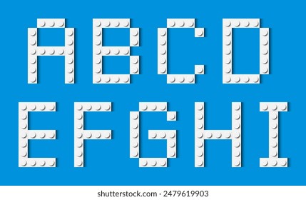 Letras del alfabeto compuesto de bloques de juguete de ladrillo de plástico blanco sobre fondo azul. Fuente Building bricks. Ilustración de fondo de Vector