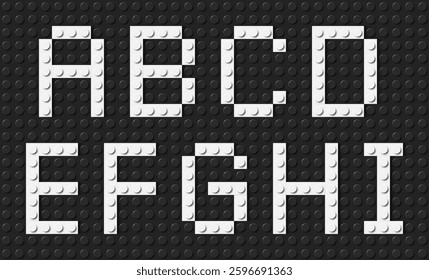 Letters of the alphabet composed of white plastic brick toy blocks on black building plate background. Building bricks font. Vector background illustration