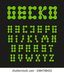 Letters of the alphabet from the connected green color circles are similar to the feet of a lizard or a gycon. Unusual vector set, abstract shape symbols. Monogram, logo design template..