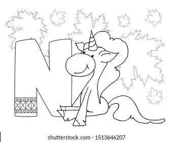 The letters of the alphabet with cute unicorns and ponies. On a white background.  Initial a with cute unicorn. Can be used for worksheet for preschool and handwriting exercises. Letter N.