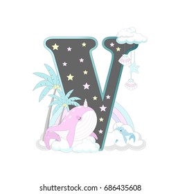 The letters of the alphabet with cute unicorns and ponies. On a white background. Vector illustration.