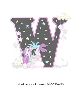 The letters of the alphabet with cute unicorns and ponies. On a white background. Vector illustration.