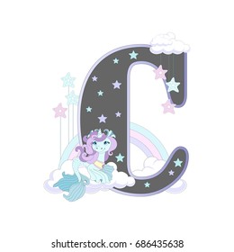 The letters of the alphabet with cute unicorns and ponies. On a white background. Vector illustration.