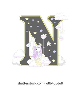 The letters of the alphabet with cute unicorns and ponies. On a white background. Vector illustration.