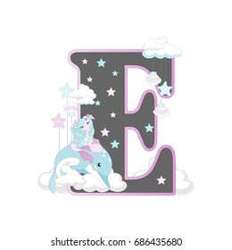 The letters of the alphabet with cute unicorns and ponies. On a white background. Vector illustration.