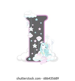 The letters of the alphabet with cute unicorns and ponies. On a white background. Vector illustration.