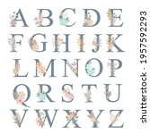 Letters of alphabet decorated with flowers, floral monogram vector illustration in simple boho style, flat pastel colored decorative lettering