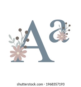 Letters of alphabet decorated with flowers, floral monogram vector illustration in simple boho style, flat pastel colored decorative lettering