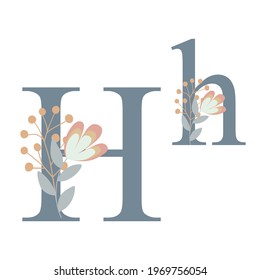 Letters of alphabet decorated with flowers, floral monogram vector illustration in simple boho style, flat pastel colored decorative lettering