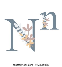 Letters of alphabet decorated with flowers, floral monogram vector illustration in simple boho style, flat pastel colored decorative lettering 