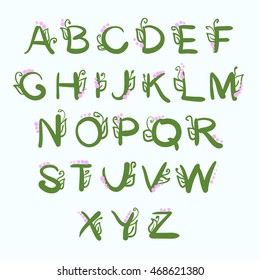 Letters of the alphabet hand-drawn with floral elements. Vector illustration