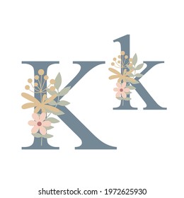 Letters of alphabet K decorated with flowers, floral monogram vector illustration in simple boho style, flat pastel colored decorative lettering