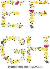 Letters of the alphabet made from wild flowers and butterflies