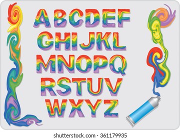 The letters of the alphabet mixed on a palette of paints of different colors