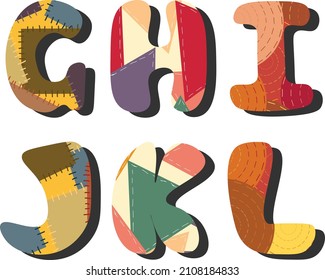 Letters of the alphabet with a pattern of patches. Letters G-L