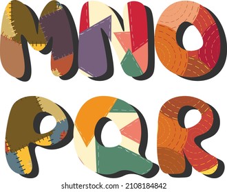 Letters of the alphabet with a pattern of patches. Letters M-R