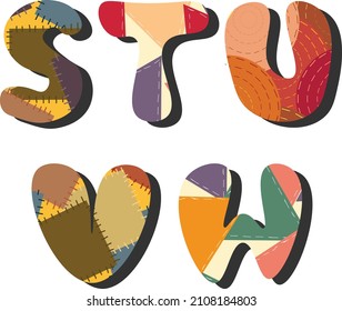 Letters of the alphabet with a pattern of patches. Letters S-W