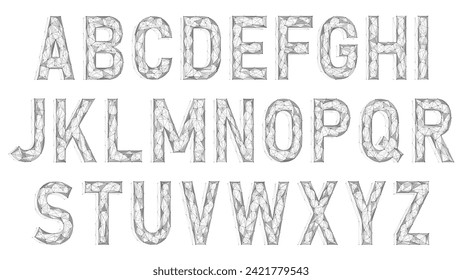 Buchstaben des Alphabets. Polygonale Konstruktion von miteinander verbundenen Linien und Punkten. Weißer Hintergrund.