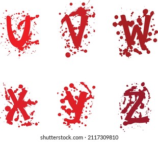 Letters of the alphabet U, V, W, X, Y, Z. Letters in red splashes of paint or blood
