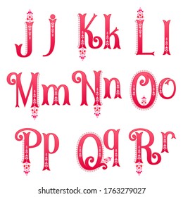 Letters and alphabets. ABC characters. Romantic pink gradient font. Heart and arrow pattern vector. Jklmnopqr set. Love romance feelings. Stock illustration.
