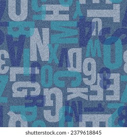 Letters and alphabets. Seamless vector background. Vectors letters pattern on denim background. Illustration for print or fabric texture.