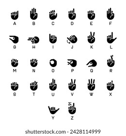 Letters in American sign language black glyph icons set on white space. Gestures for alphabet. Communication process. Silhouette symbols. Solid pictogram pack. Vector isolated illustration