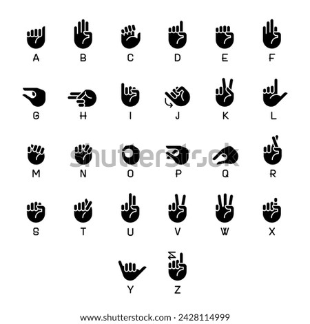 Letters in American sign language black glyph icons set on white space. Gestures for alphabet. Communication process. Silhouette symbols. Solid pictogram pack. Vector isolated illustration