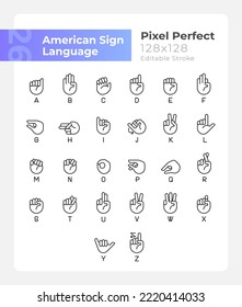 Letters in American sign language pixel perfect linear icons set. Customizable thin line symbols. Isolated vector outline illustrations. Editable stroke. Montserrat Bold, Light fonts used