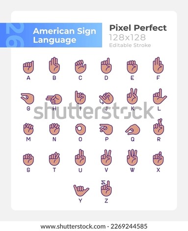 Letters in American sign language pixel perfect RGB color icons set. Isolated vector illustrations. Simple filled line drawings collection. Editable stroke. Montserrat Bold, Light fonts used