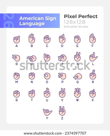 Letters in American sign language pixel perfect RGB color icons set. Isolated vector illustrations. Simple filled line drawings collection. Editable stroke. Montserrat Bold, Light fonts used