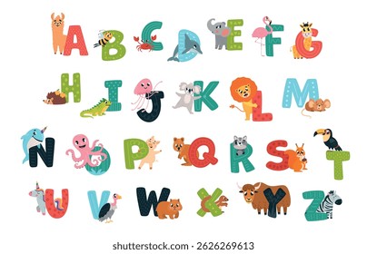 Letters and animals. Zoo alphabet for children, hand drawn style decorative letter. Educational abc, kindergarten preschool materials, classy vector set