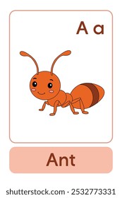 Letra A é para Formiga. Animal Flashcard printable aprender letras Alfabeto abc Inglês para crianças educação e atividade de jogo. Planilhas de jardim de infância e pré-escola imprimíveis para crianças.