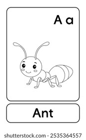 Letters A is for Ant. Ant coloring pages. Animal Flashcard printable learn letters Alphabet abc english for kids education and game activity. Kindergarten and preschool worksheets printable for kids.