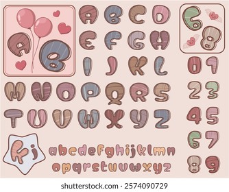 Letters A-Z in both uppercase and lowercase, along with numbers 0-9, designed in a cute cartoon vector style for Valentine's Day decorations.