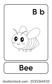 Letters B is for Bee. Bee coloring pages. Animal Flashcard printable learn letters Alphabet abc english for kids education and game activity. Kindergarten and preschool worksheets printable for kids.