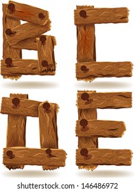 Letters B, C, D, E,  downed wood planks with nails