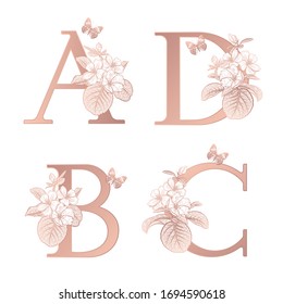 Letters A B C D, flowers flowering sakura branches, butterfly isolated. Vector decoration. White, gold foil print. Vintage illustration. Floral pattern for greetings, wedding invitations, text design.