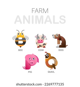 Cartas de B, C, D, P, Q. Tarjeta educativa para niños con animales de granja aislados en fondo blanco. Alfabeto animal variado. Animales diferentes. Concepto de alfabeto. Ilustración del vector